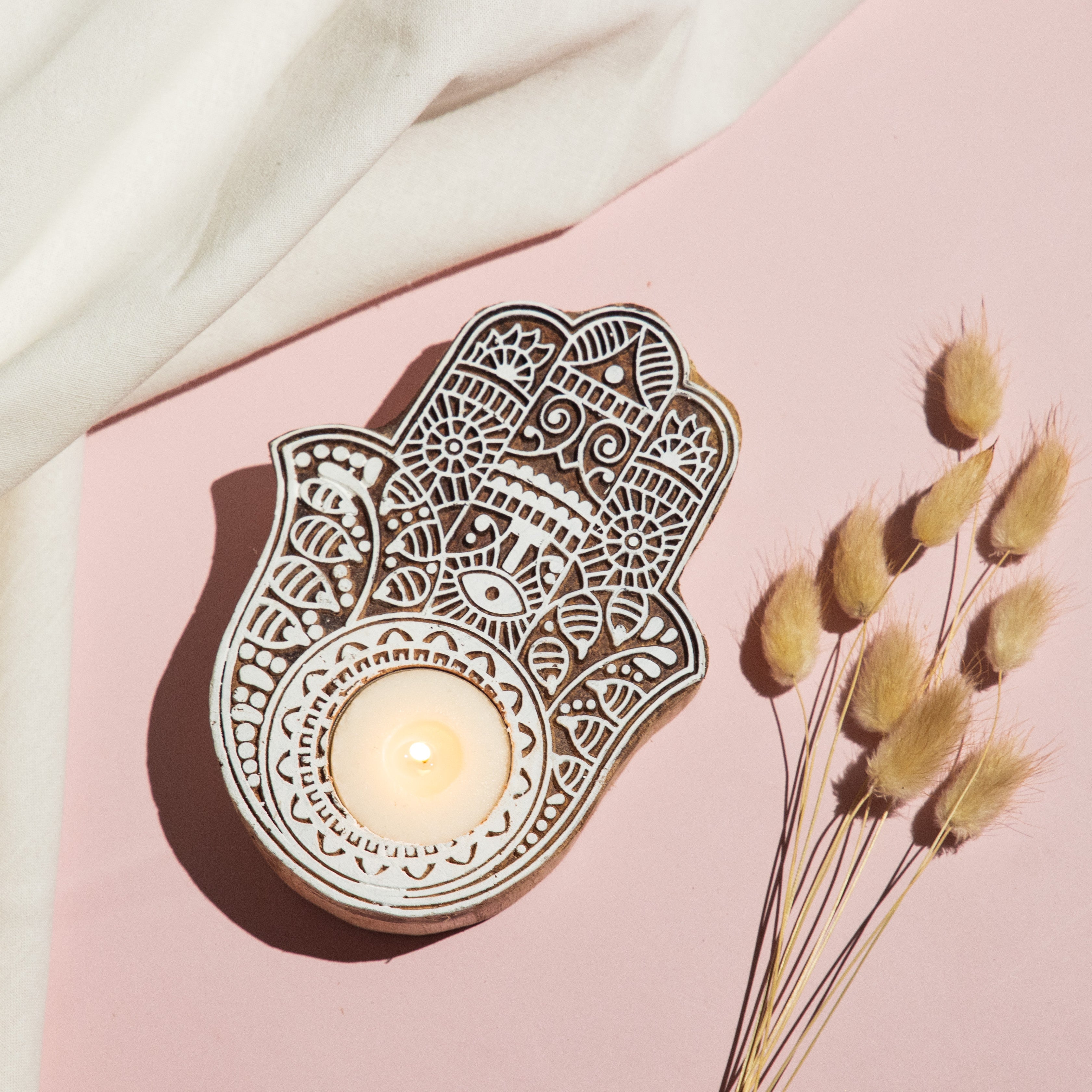 Hand Carved Tea Light Holder- Hamsa Hand