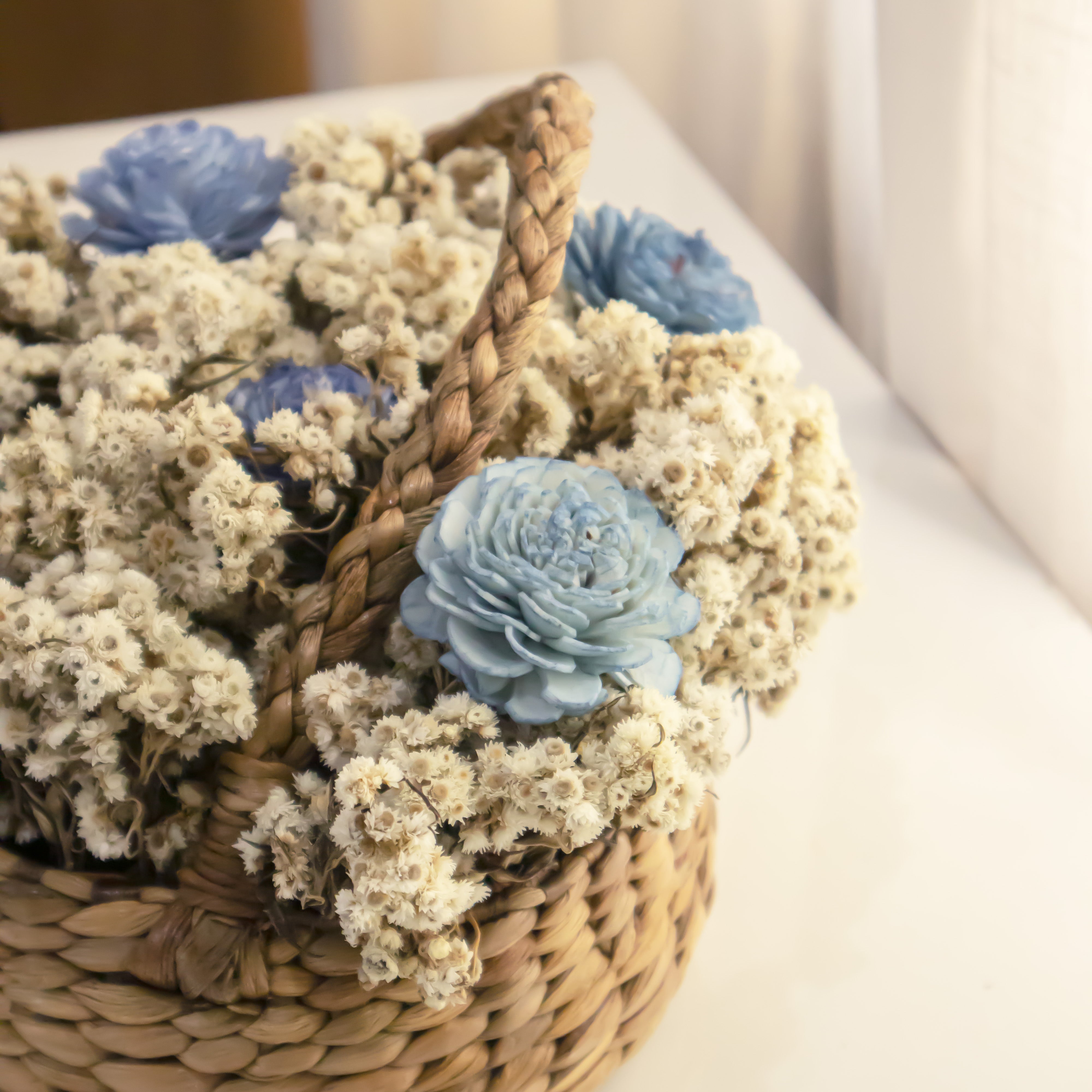 Blue and White Preserved Flowers with Basket