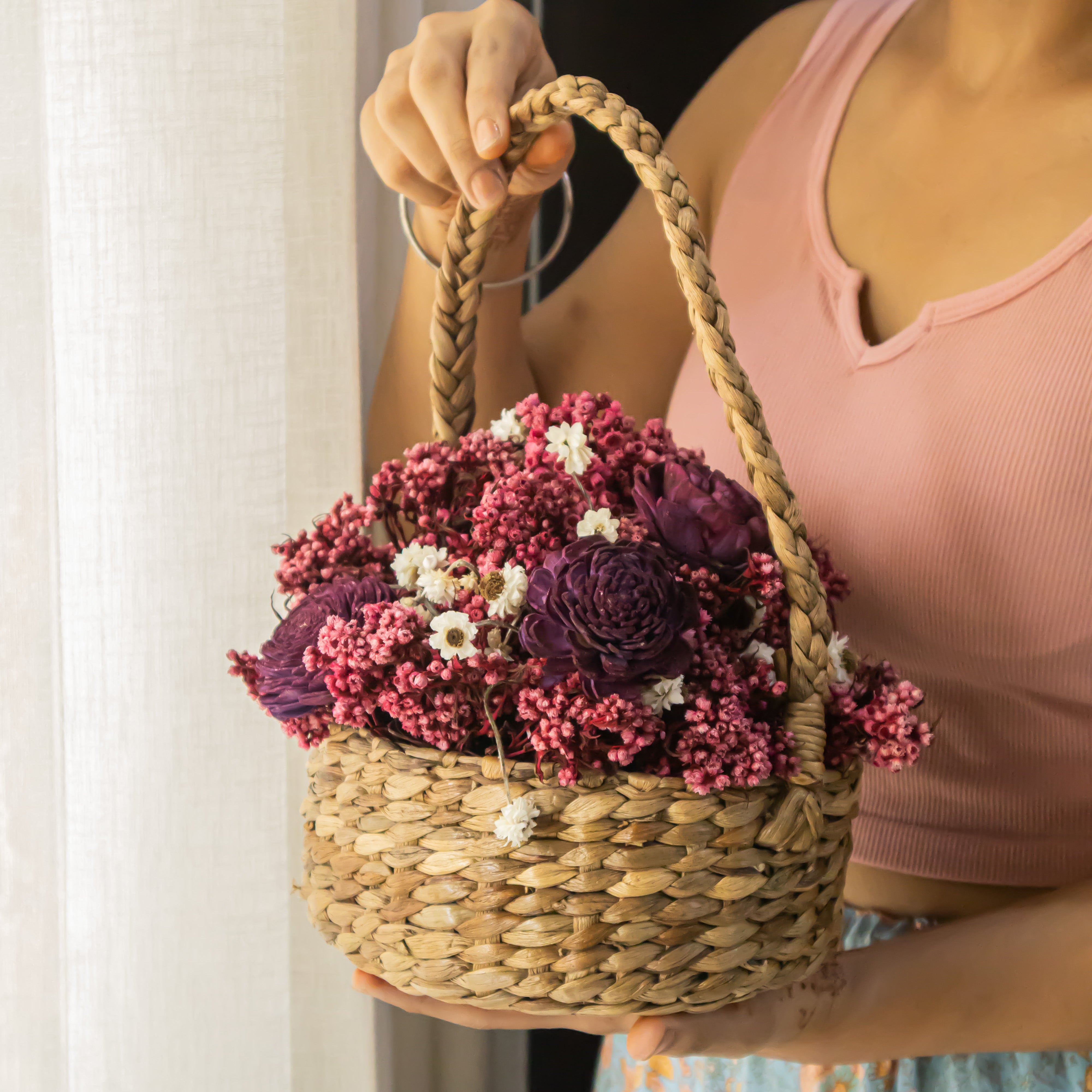 Pink and Purple Preserved Flowers with Kauna Basket